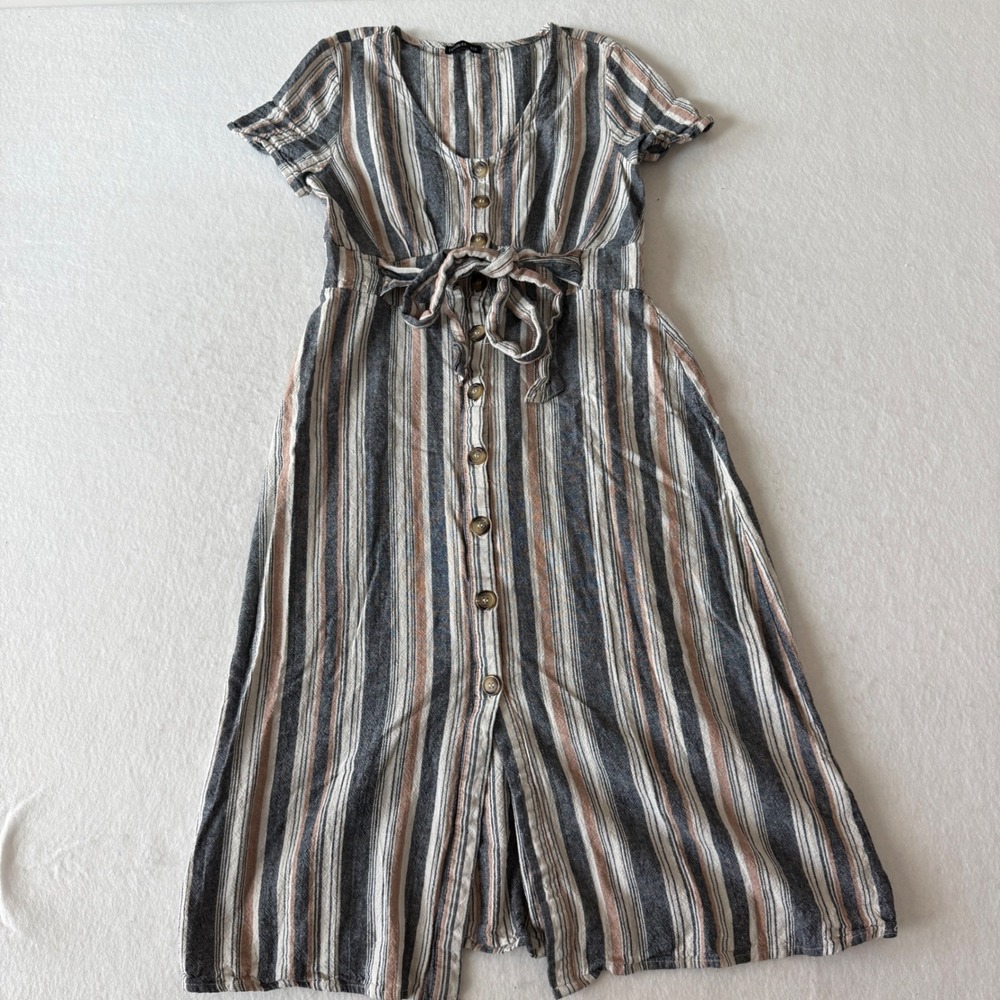 Cotton On Striped Button Front Midi Dress Womens Size M Multi Color Coastal Boho